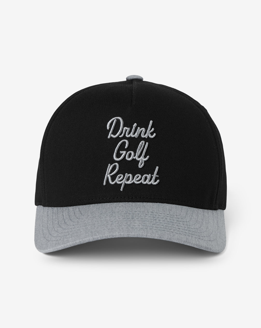 Front view of the TravisMathew Swing & Sip golf hat featuring embroidered Drink Golf Repeat lettering on a black snapback with heather grey brim.