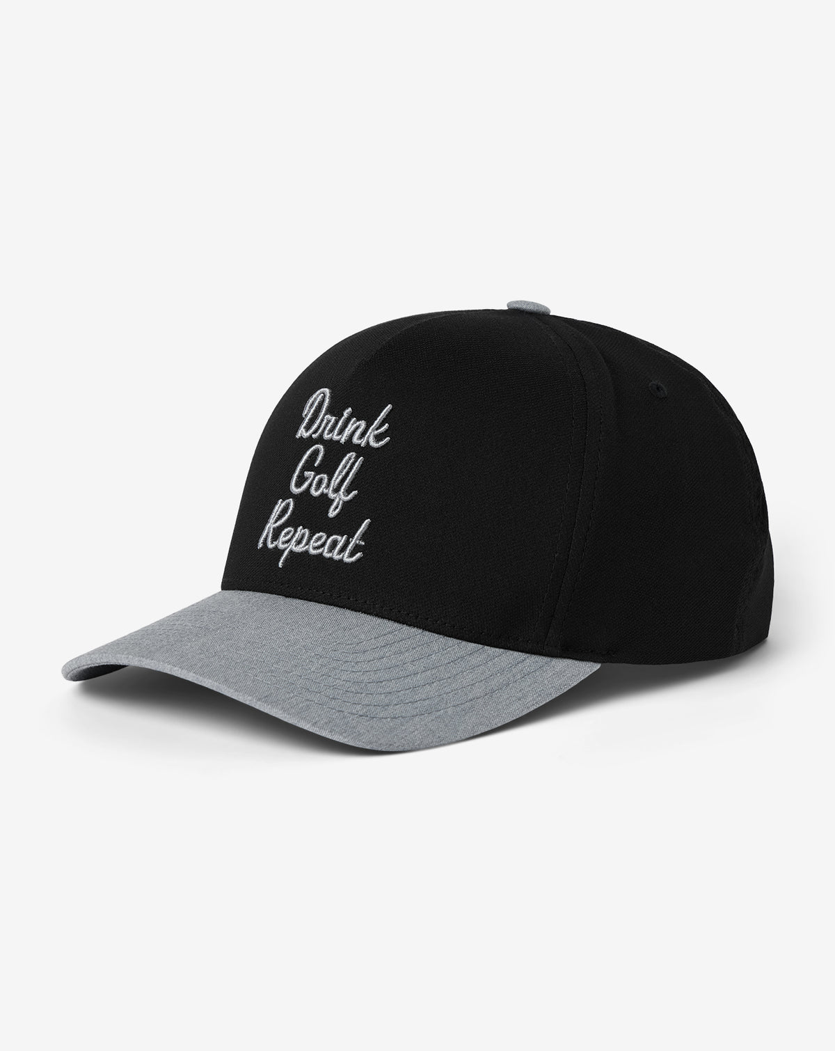 Angled view of the TravisMathew Swing & Sip golf hat with embroidered Drink Golf Repeat logo, black crown, and heather grey curved brim.