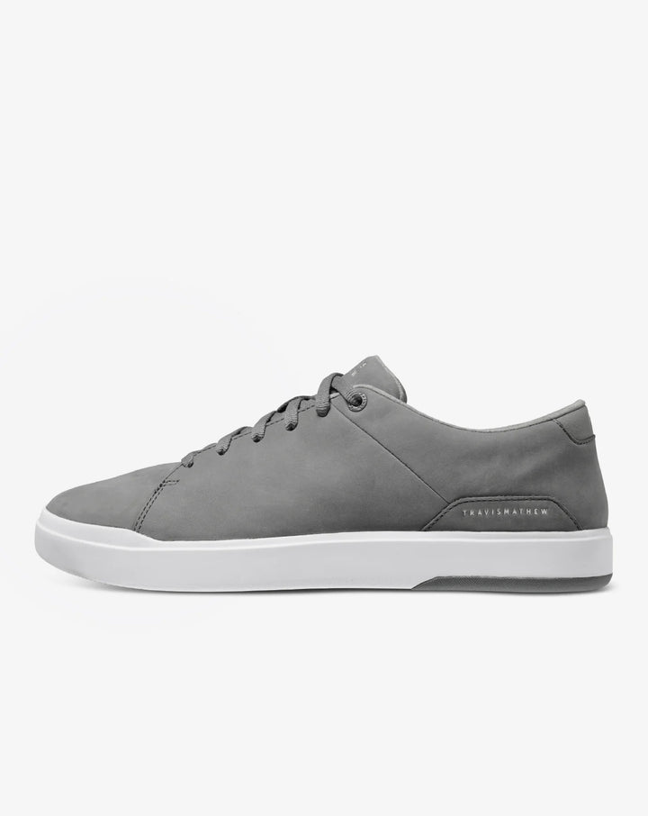 Side view of the TravisMathew Modern Cup Shoe in grey with a white sole