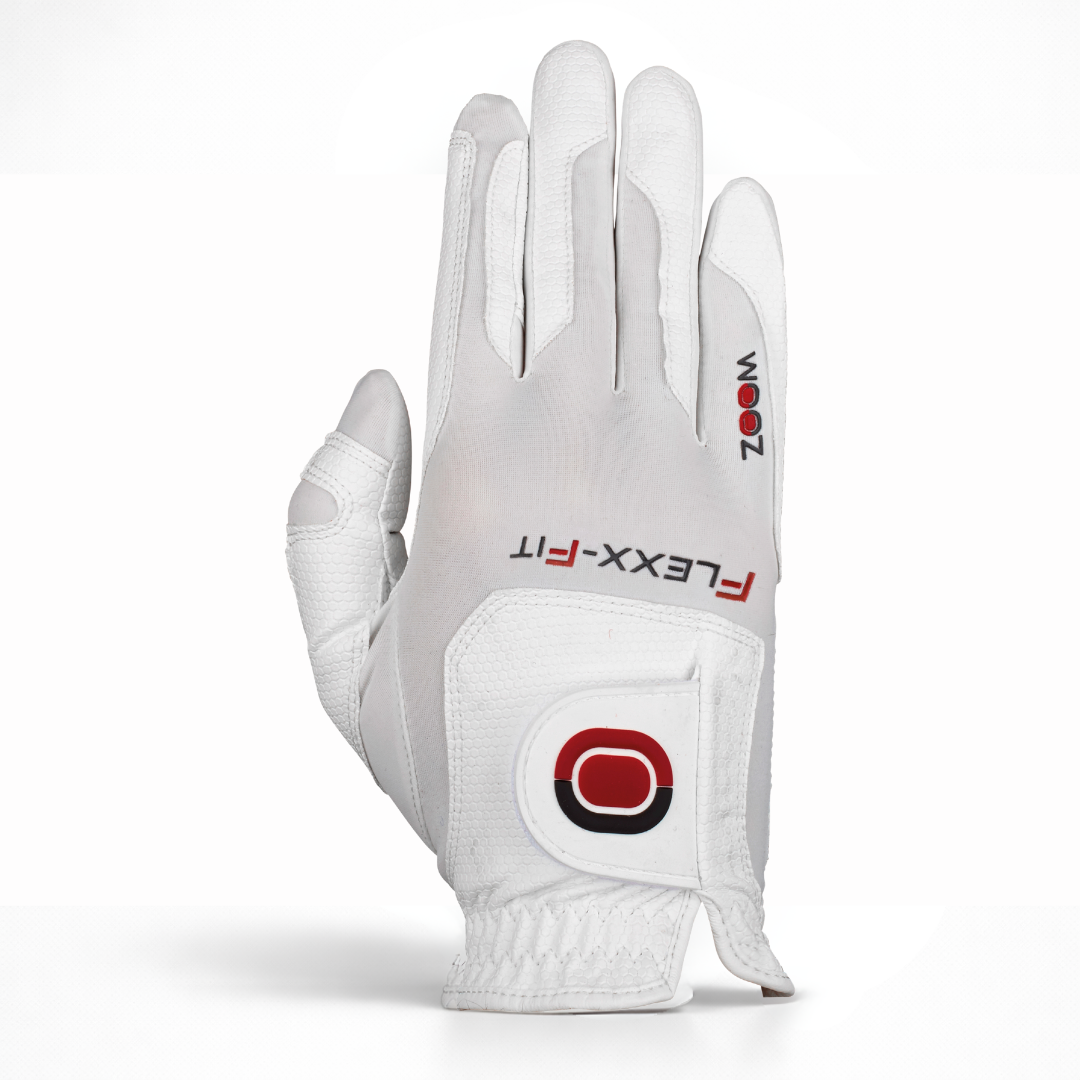 White Zoom Weather Style golf glove with Flexx-Fit performance design, textured palm grip, and adjustable wrist closure displayed on white background