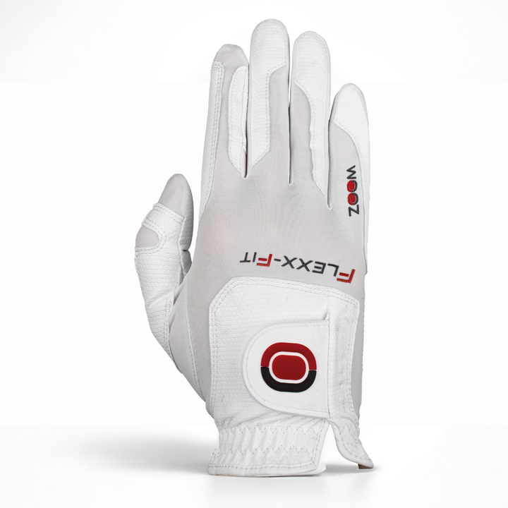 White Zoom Weather Style golf glove with Flexx-Fit performance design, textured palm grip, and adjustable wrist closure displayed on white background