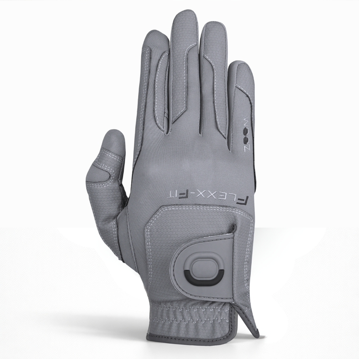 Grey Zoom Weather Style golf glove with Flexx-Fit design, textured grip panels, and adjustable wrist closure shown on white background