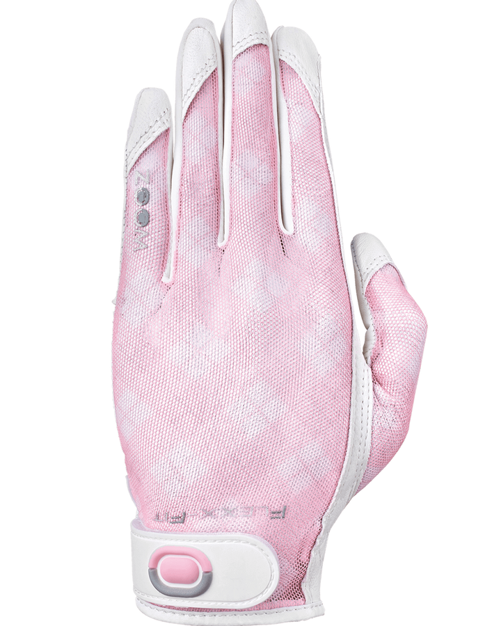 Women’s golf glove with breathable mesh back in a light pink gradient, white leather fingers, and adjustable wrist closure