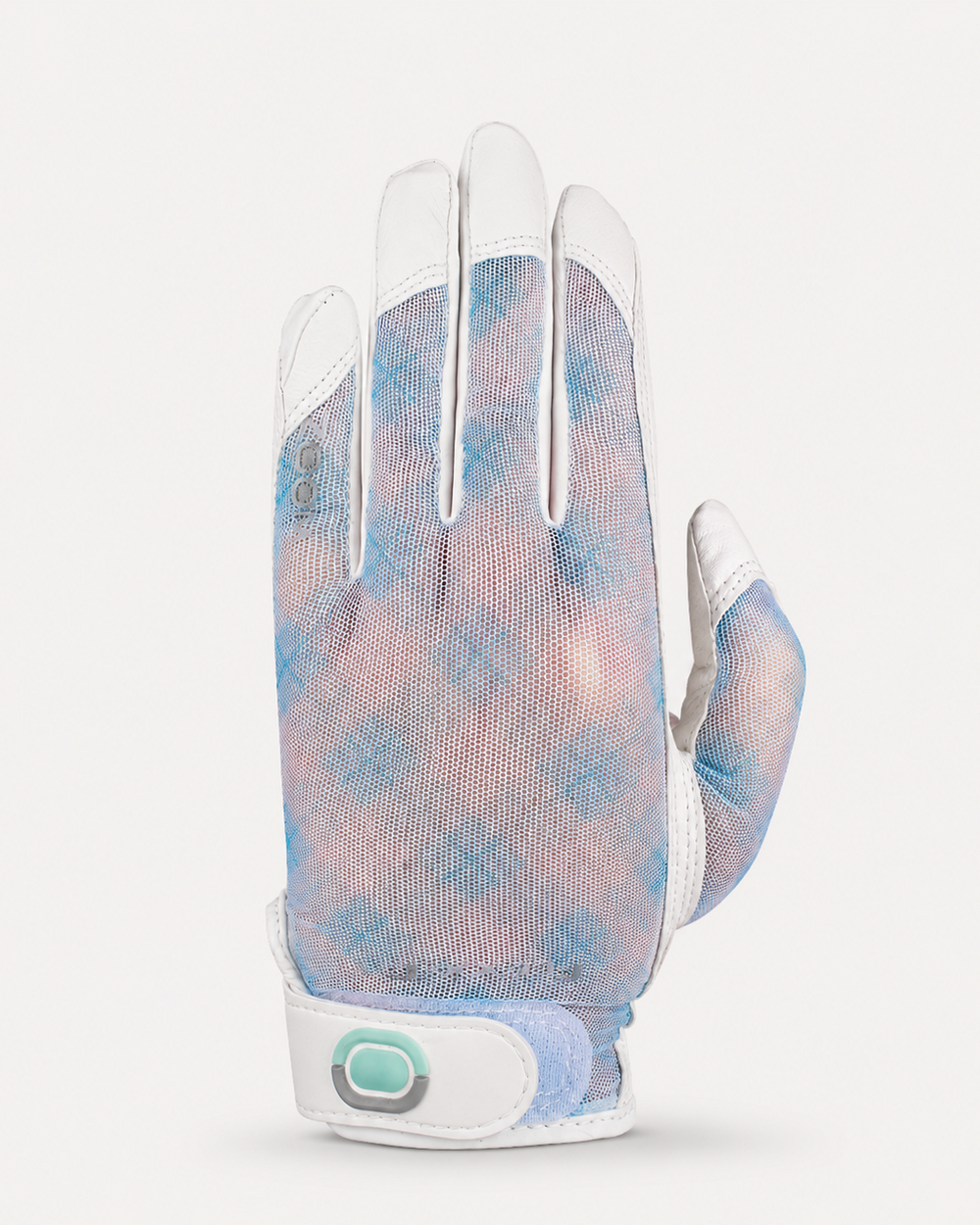 Golf glove with light blue and pink geometric pattern on a white background
