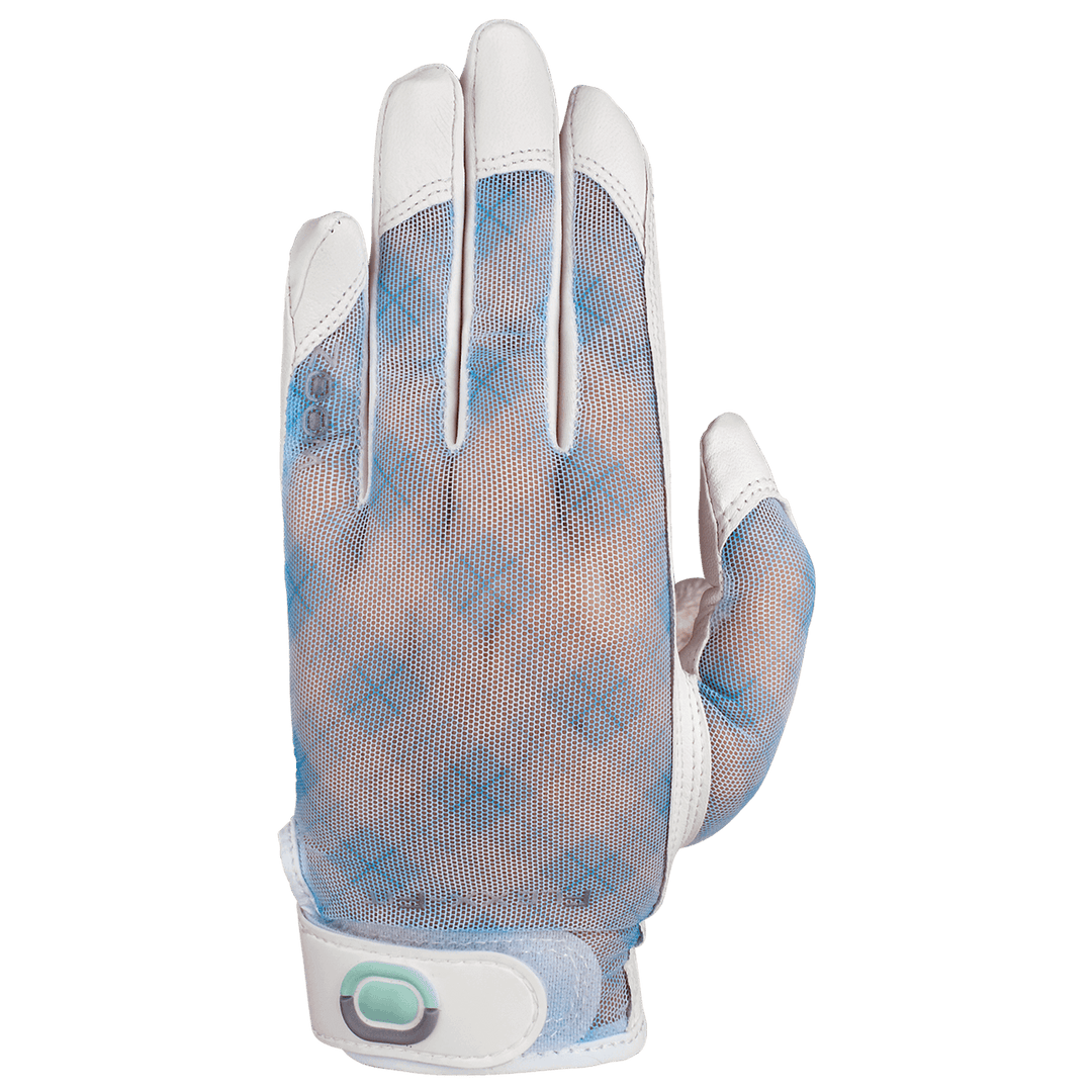 Women’s golf glove with breathable mesh back in a blue and coral gradient, white leather fingers, and adjustable wrist closure
