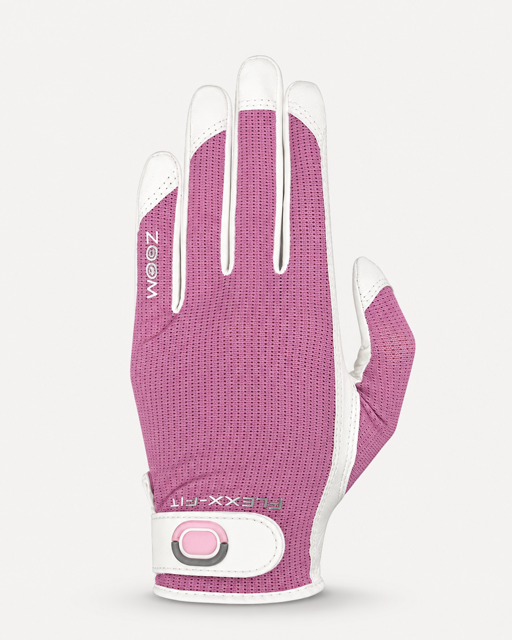 Pink ZOOM golf glove with white accents on a light gray background