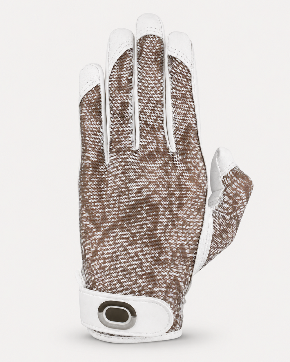 Women's golf glove with brown pattern and white accents on a light gray background