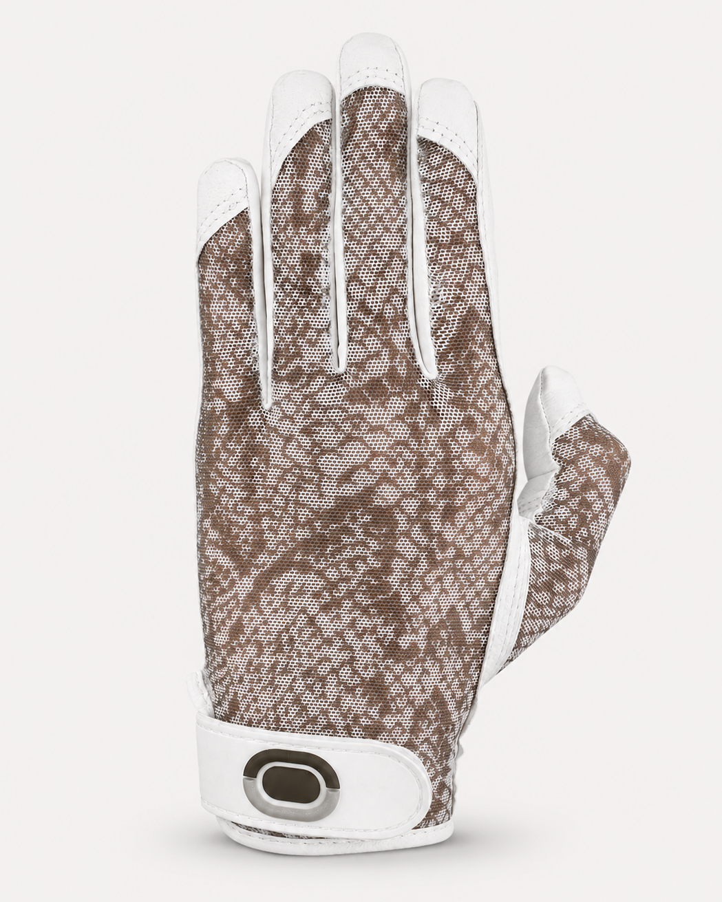 Women's golf glove with brown pattern and white accents on a light gray background