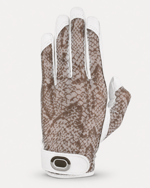 Women's golf glove with brown pattern and white accents on a light gray background