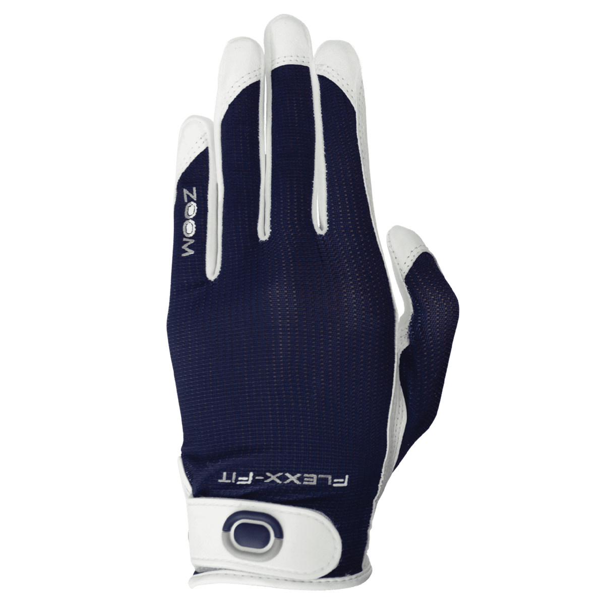 Women’s golf glove with breathable mesh back in navy blue, white leather fingers, and adjustable wrist closure