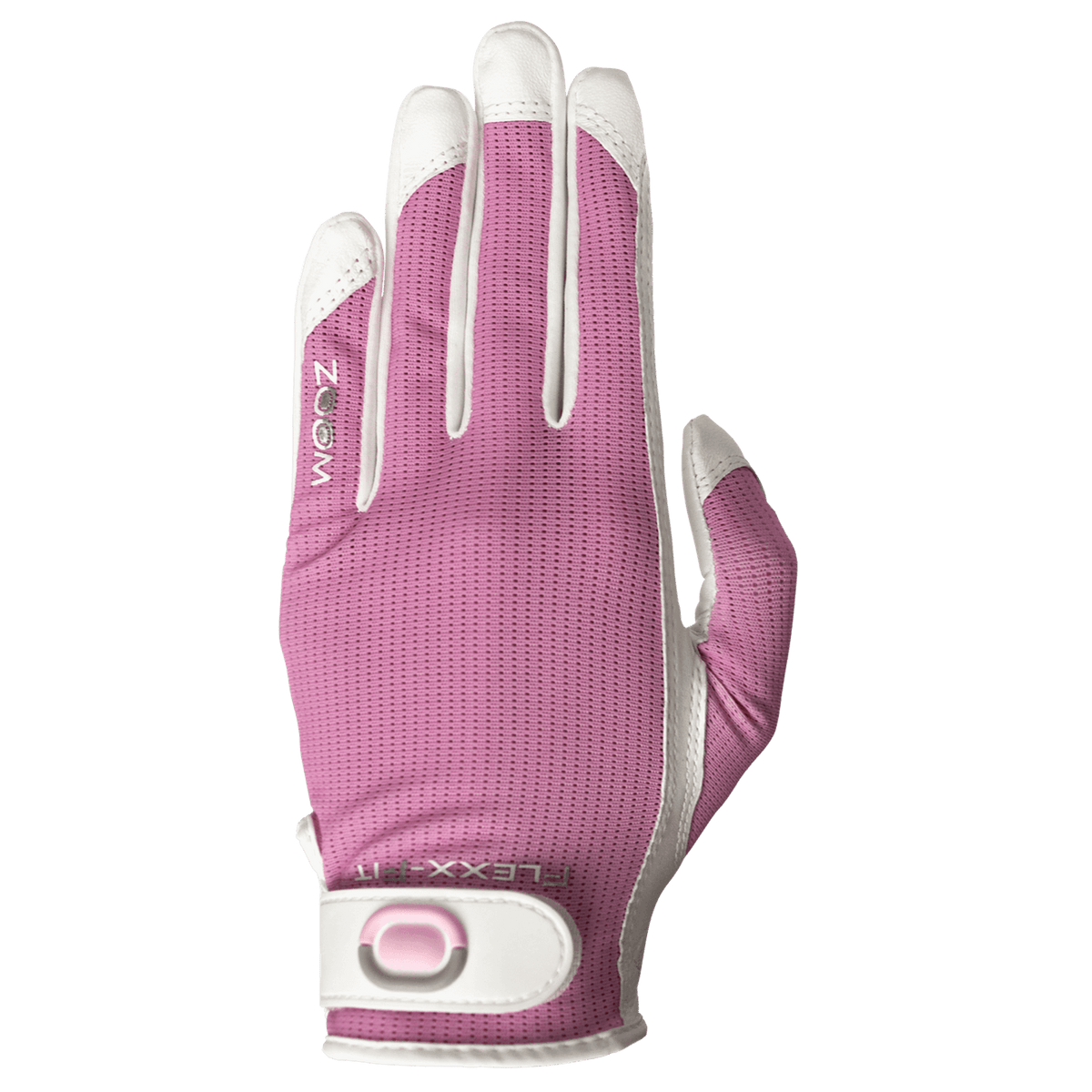 Women’s golf glove with breathable mesh back in pink, white leather fingers, and adjustable wrist closure