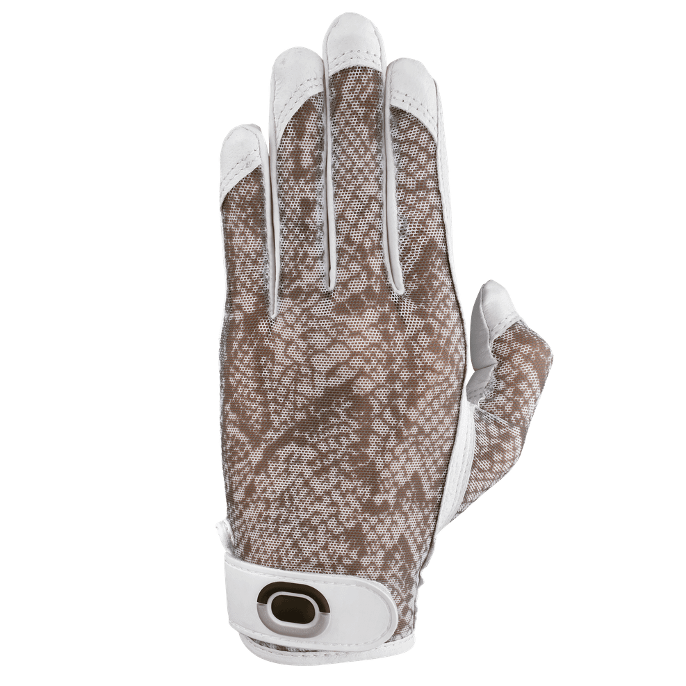Women’s golf glove with breathable mesh back in a brown speckled pattern, white leather fingers, and adjustable wrist closure