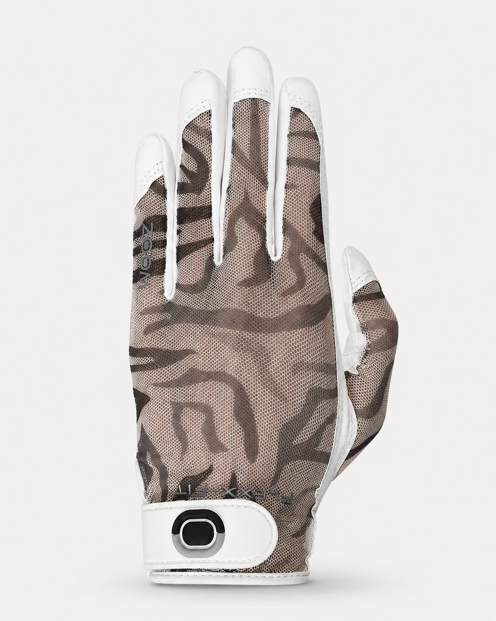 brown zebra print golf glove with white accents on a light gray background