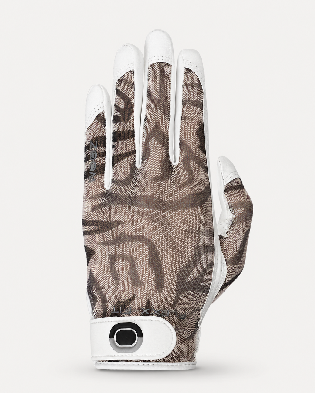brown zebra print golf glove with white accents on a light gray background