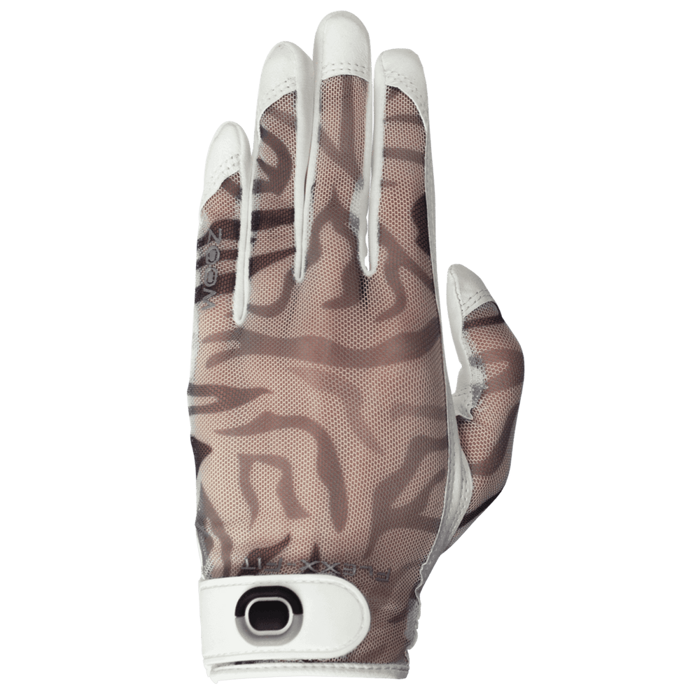 Women’s golf glove with breathable mesh back in a neutral taupe abstract pattern, white leather fingers, and adjustable wrist closure