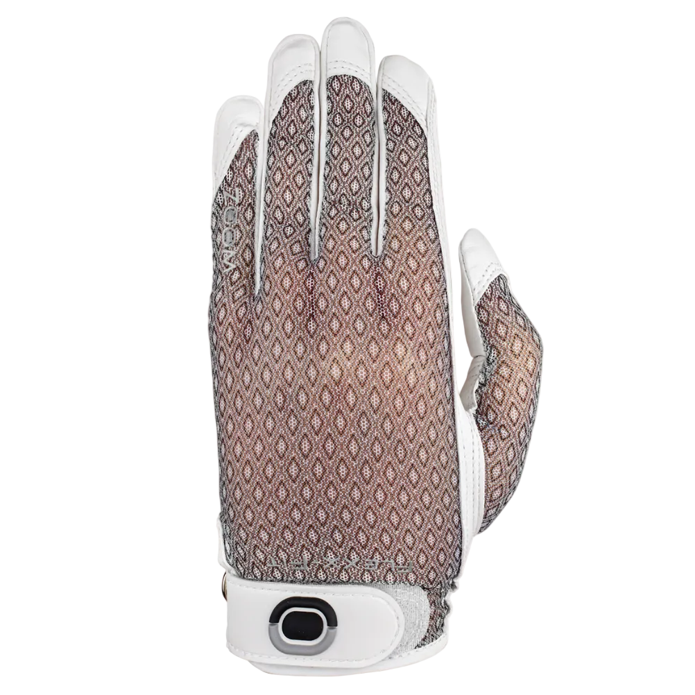 Women’s golf glove with breathable mesh back in a brown geometric pattern, white leather fingers, and adjustable wrist closure