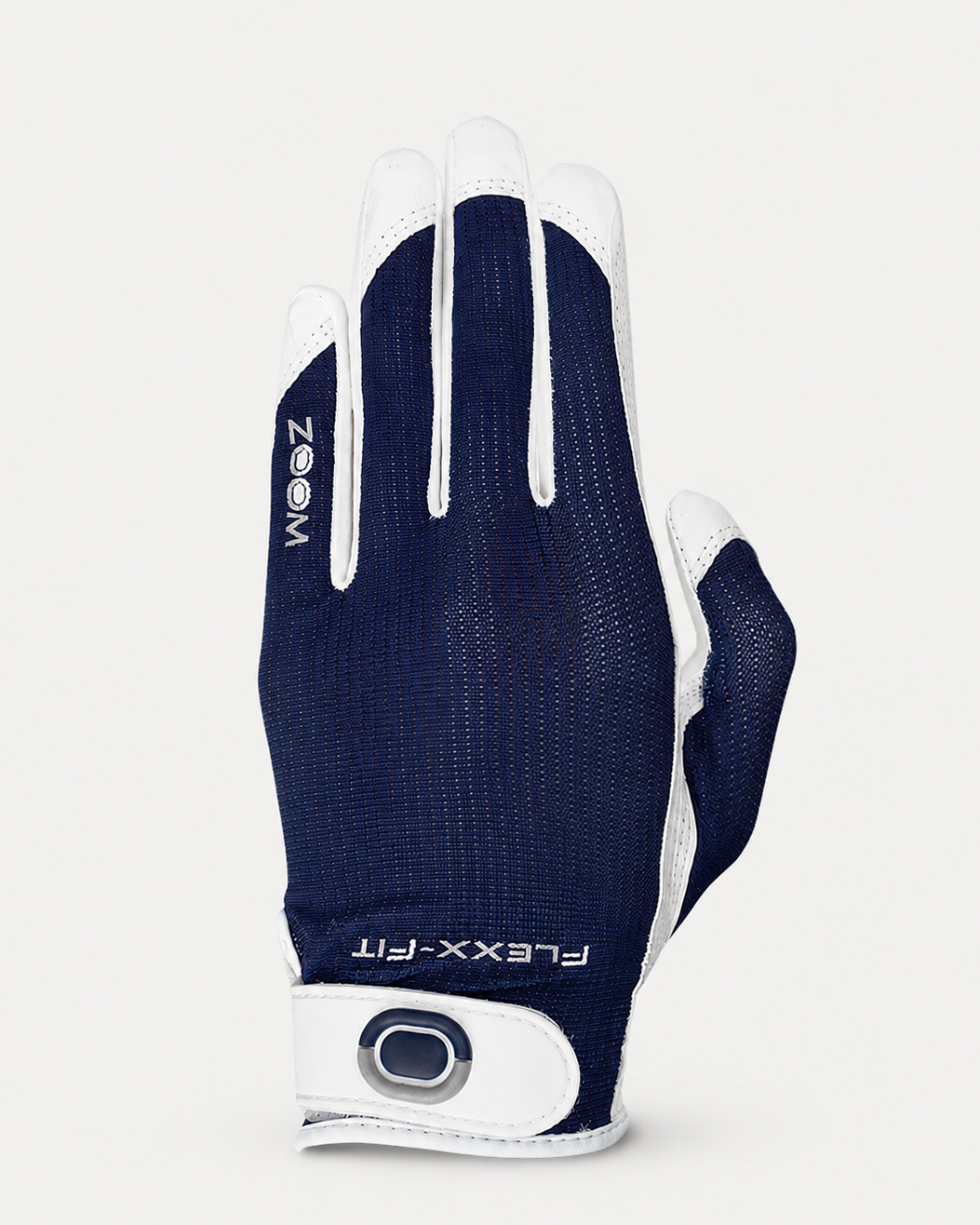Women's Zoom Sun Style glf glove in navy and white against a light gray background.