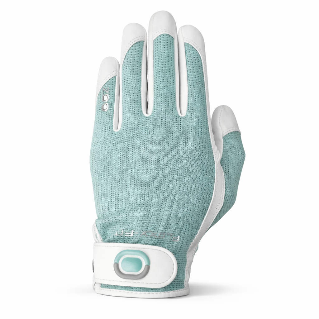 Teal and white Zoom golf glove on a white background