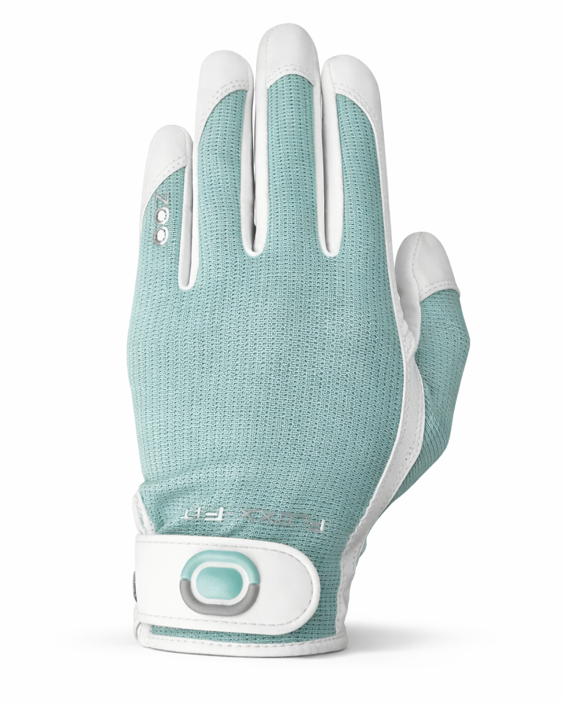 Teal and white Zoom golf glove on a white background