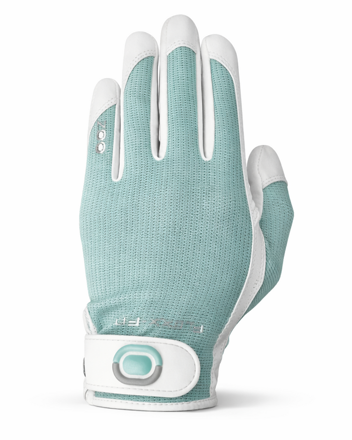 Teal and white Zoom golf glove on a white background