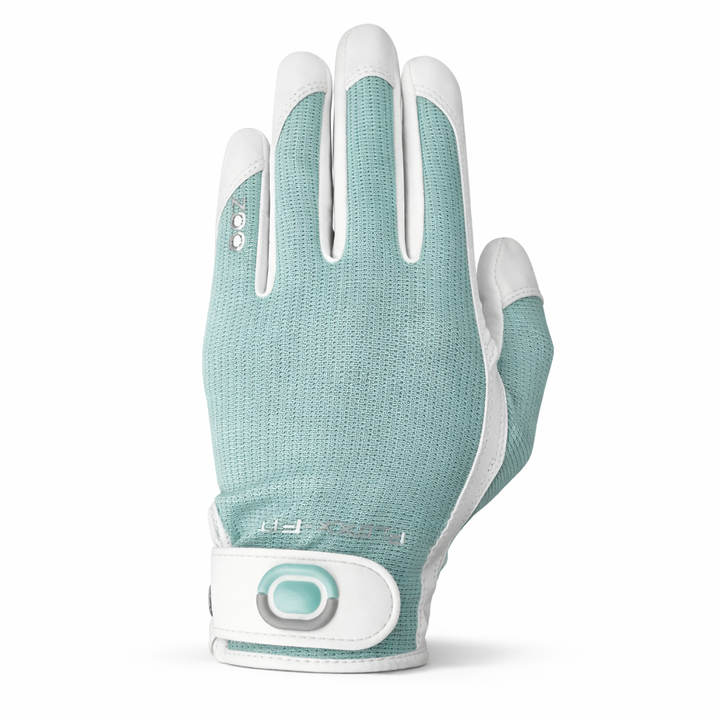 Teal and white Zoom golf glove on a white background