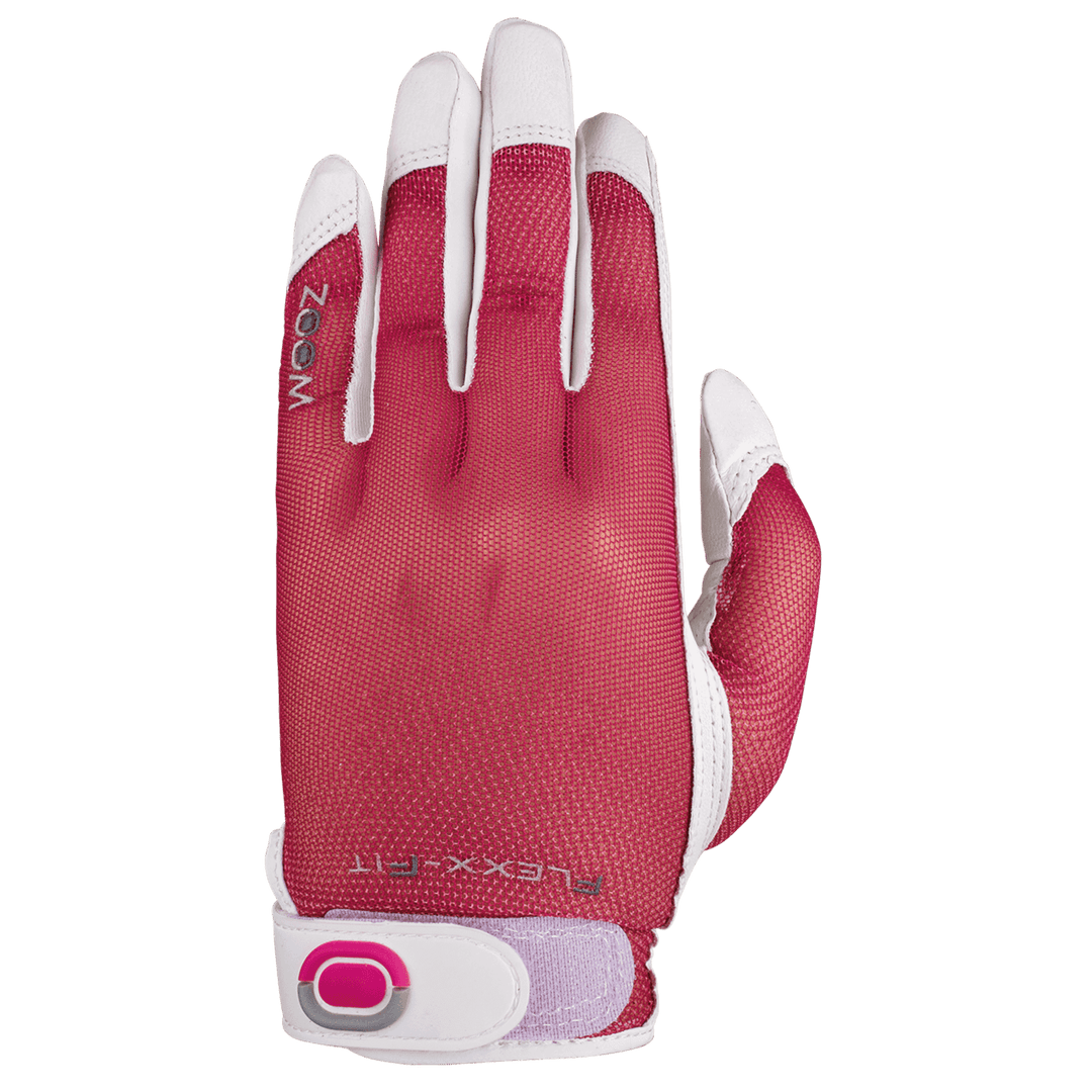 Women’s golf glove with breathable mesh back in red, white leather fingers, and adjustable wrist closure