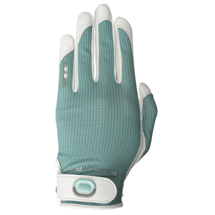 Women’s golf glove with breathable mesh back in sage green, white leather fingers, and adjustable wrist closure