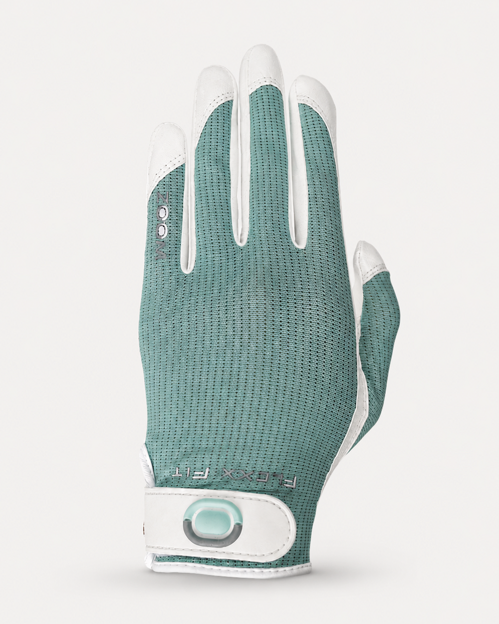 Women's ZOOM green and white golf glove on a light gray background
