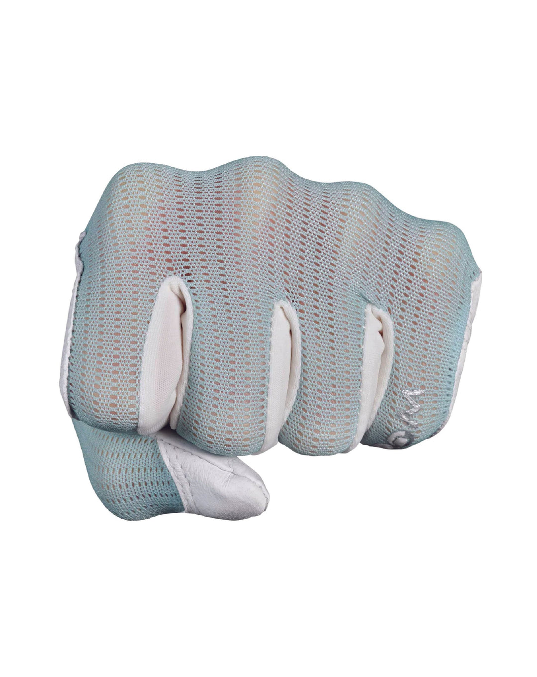 green and white glove in a fist