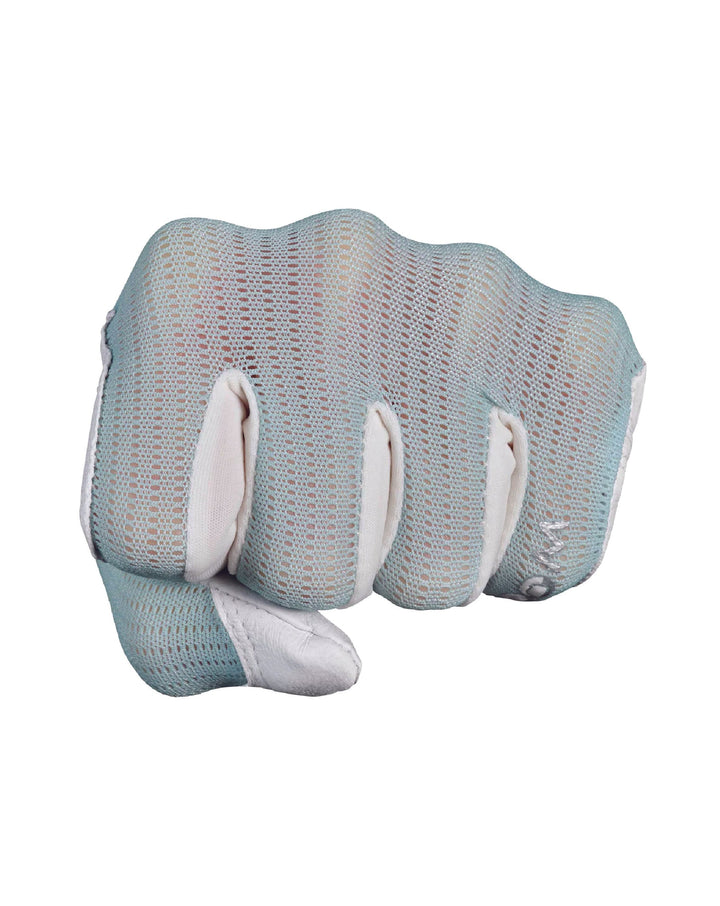green and white glove in a fist