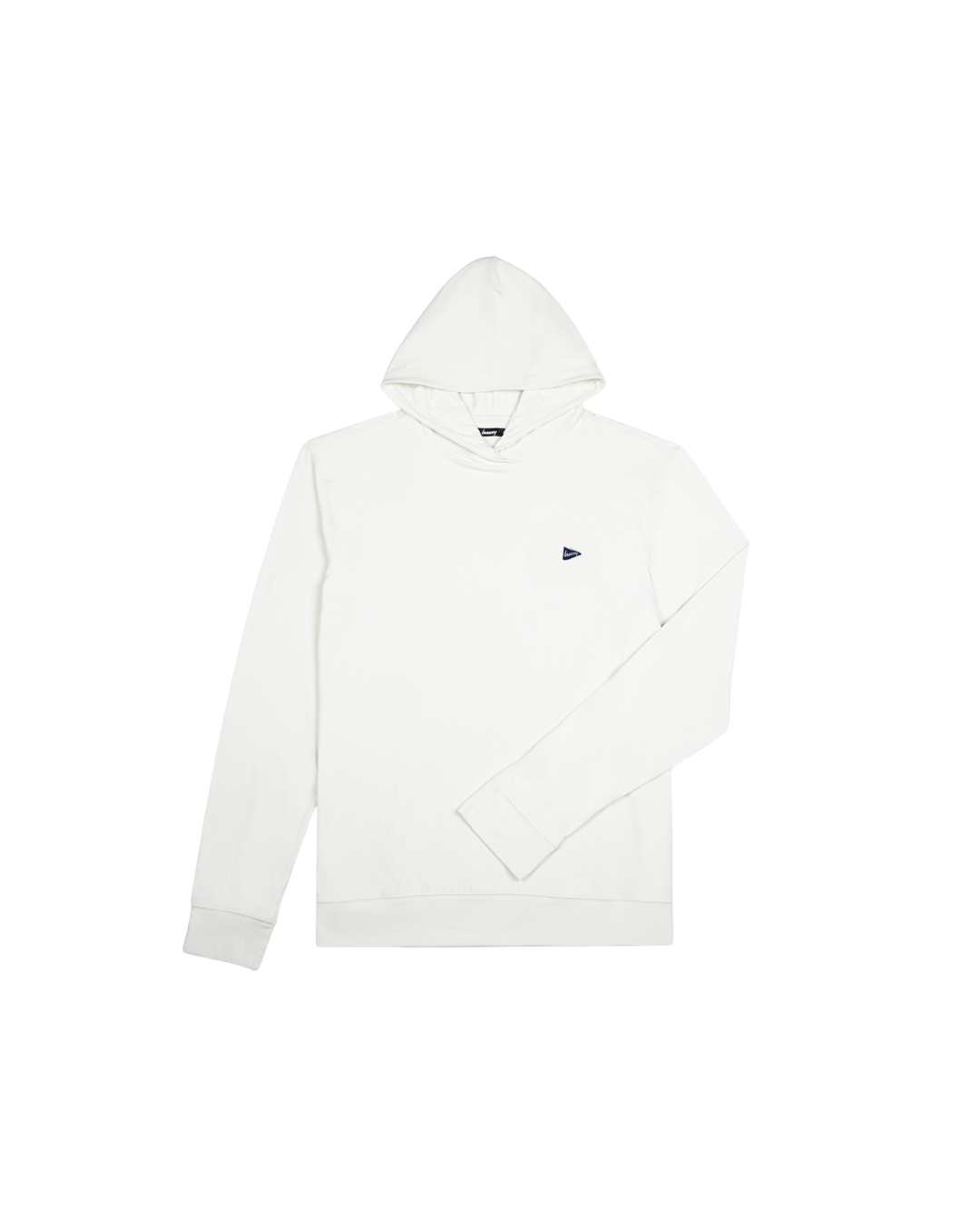 White pullover hoodie with hood and subtle chest logo on a white background