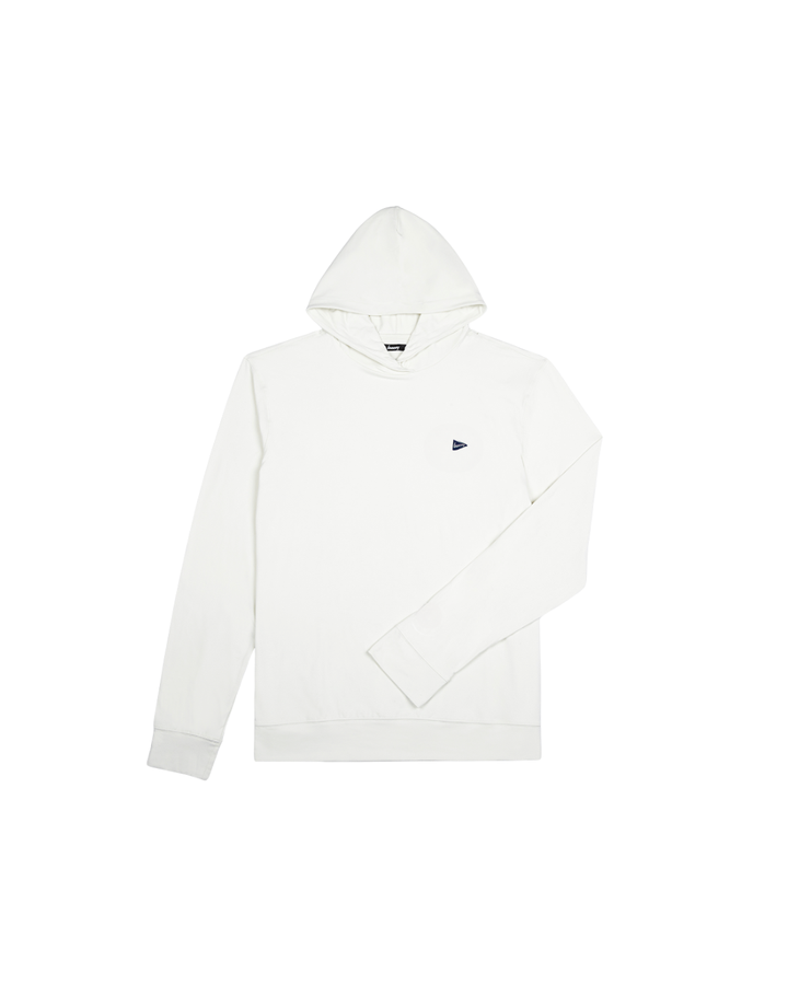 White pullover hoodie with hood and subtle chest logo on a white background