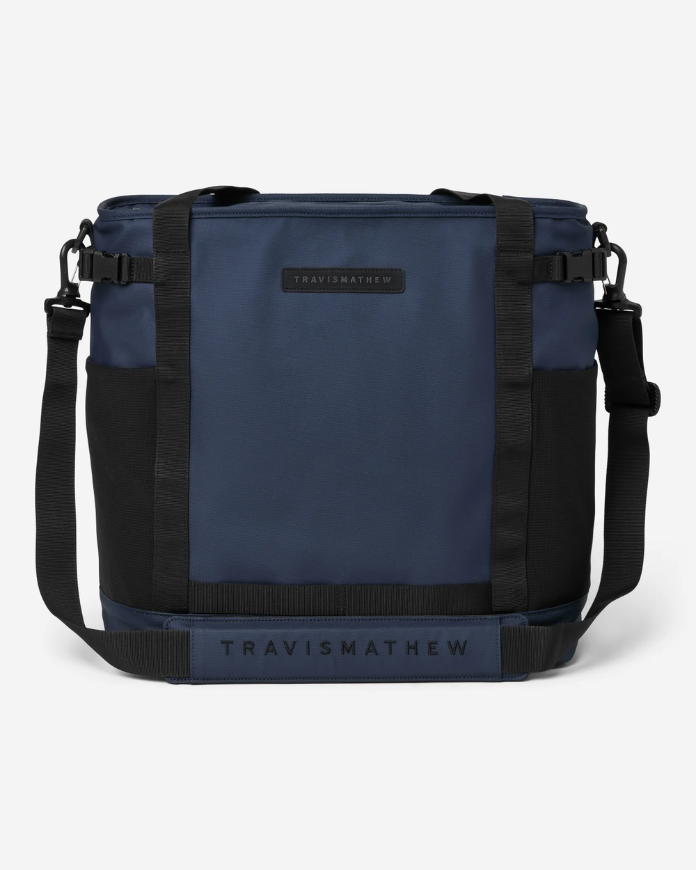 TravisMathew Grab & Go Cooler Bag in Total Eclipse with the detachable shoulder strap attached