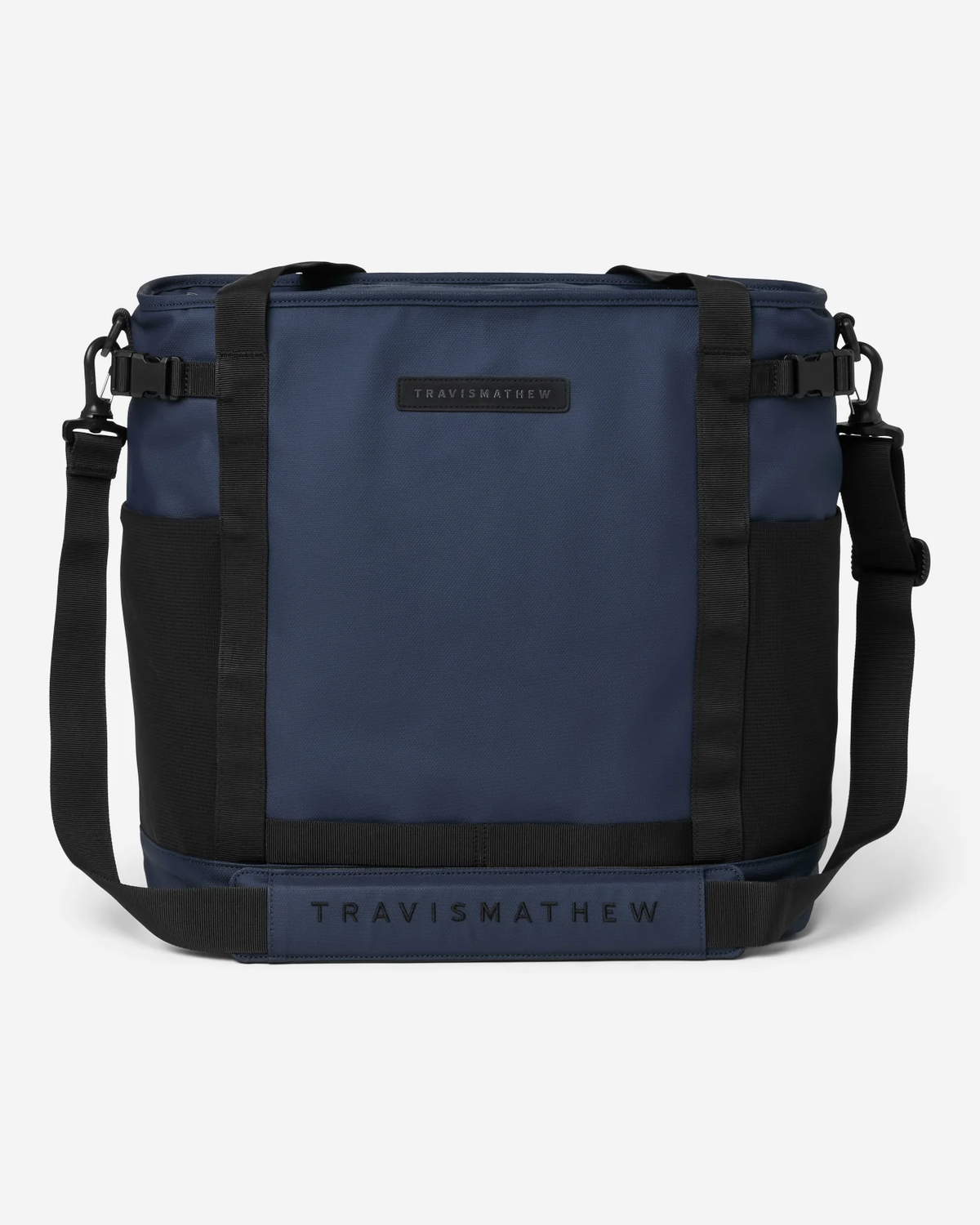 TravisMathew Grab & Go Cooler Bag in Total Eclipse with the detachable shoulder strap attached