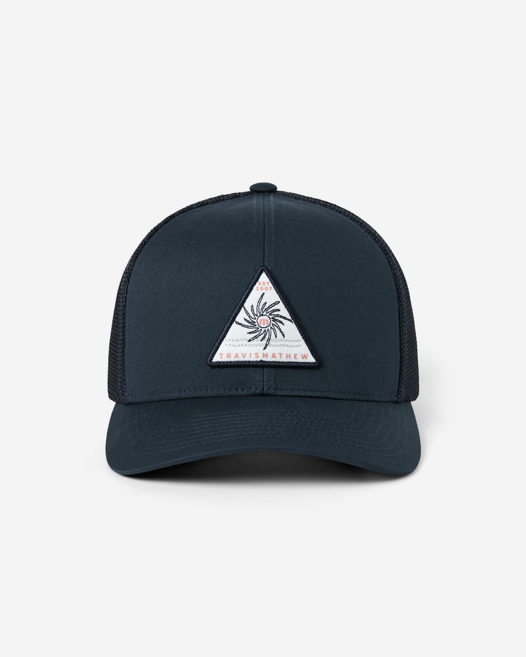 TravisMathew Life of the Party Hat in Total Eclipse, front view showing the woven triangle sun patch