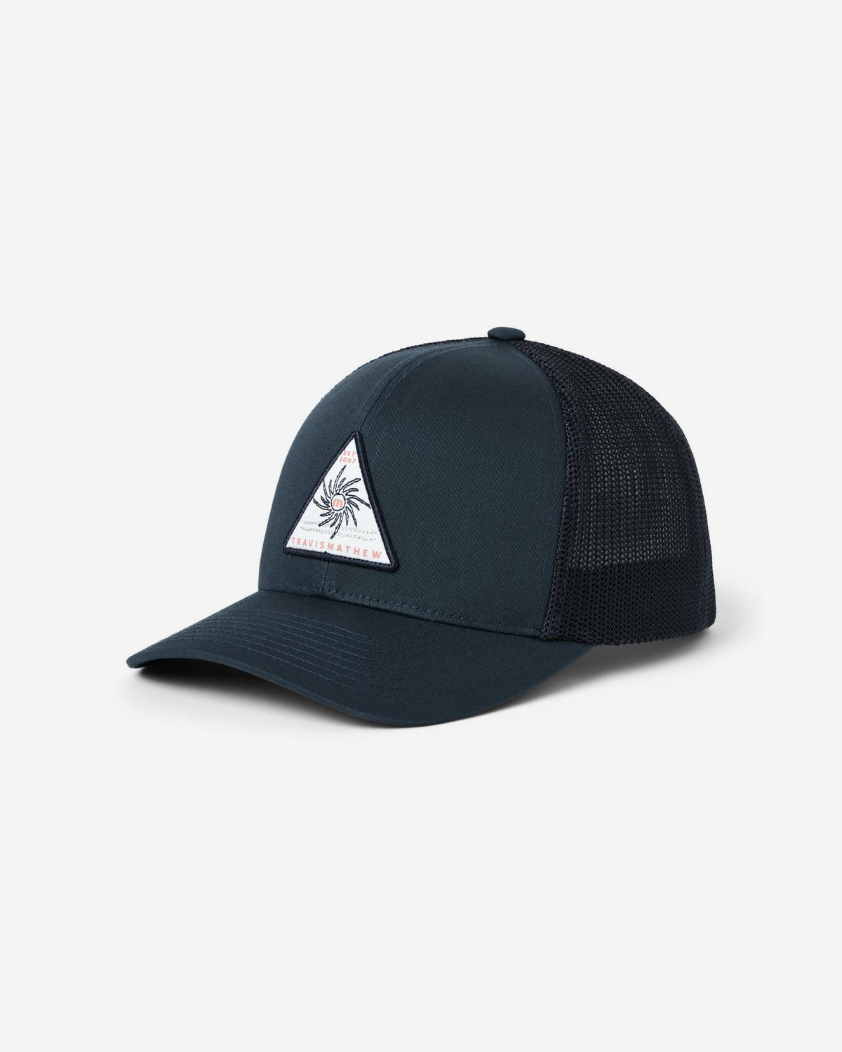 TravisMathew Life of the Party Hat in Total Eclipse, side angle view showing the curved brim, front patch and mesh side panel