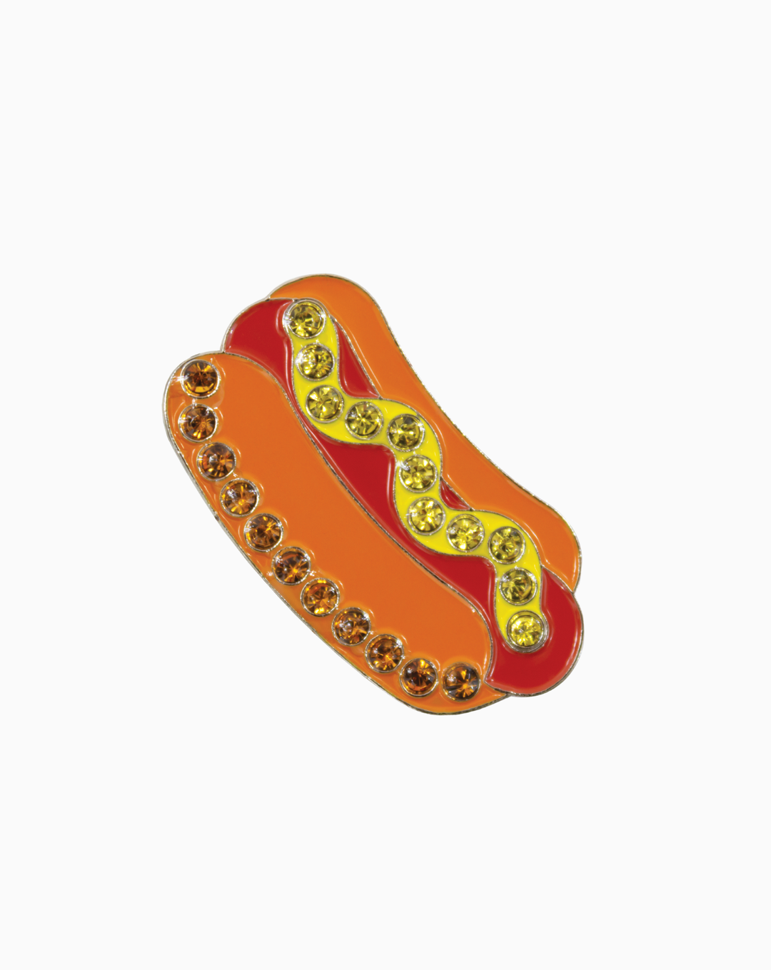 A playful MXM Hot Dog Ball Marker with a matching magnetic hat clip, featuring vibrant enamel detailing in red, yellow, and brown tones.