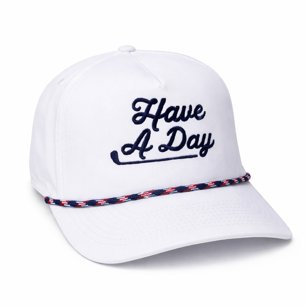 White cap with 'Have A Day' text and colorful band on a white background