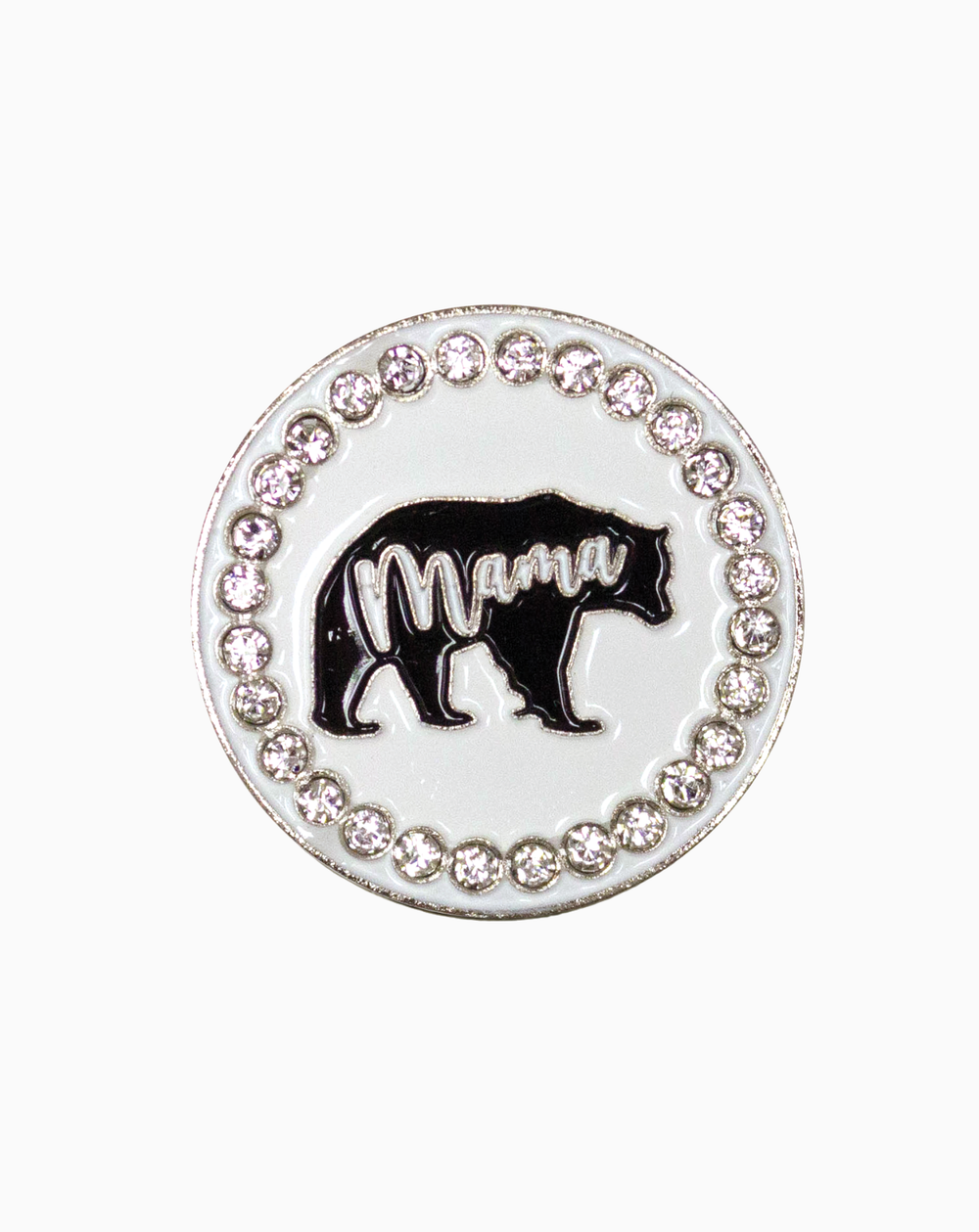 Round “Mama Bear” golf ball marker featuring a black bear silhouette with silver “Mama” lettering, surrounded by a circle of Swarovski crystals on a white enamel background.