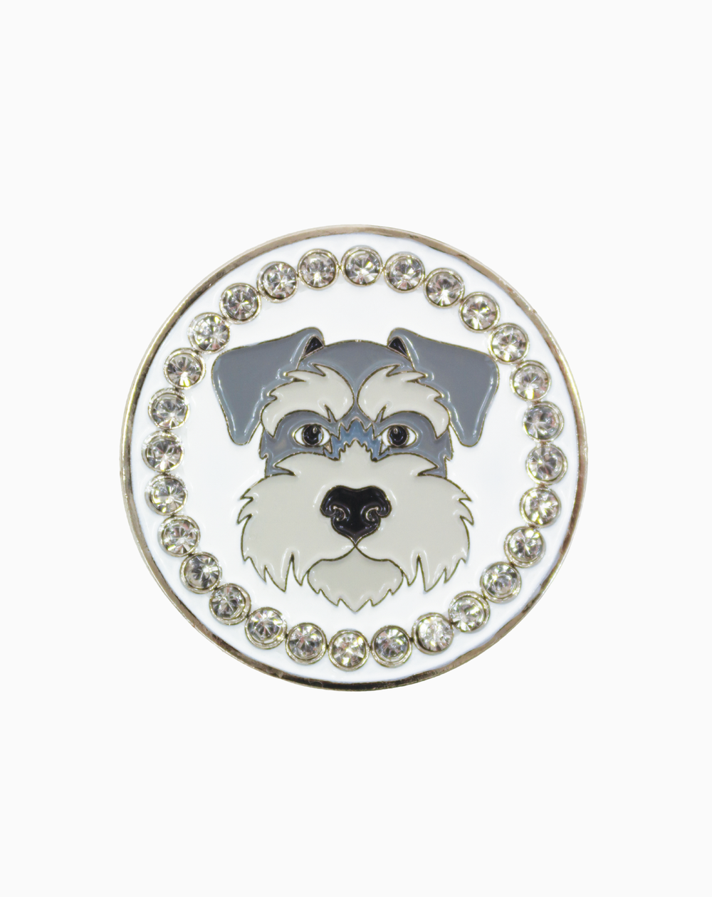A round MXM ball marker featuring a grey and white dog face design surrounded by a border of clear Swarovski crystals on a white background.