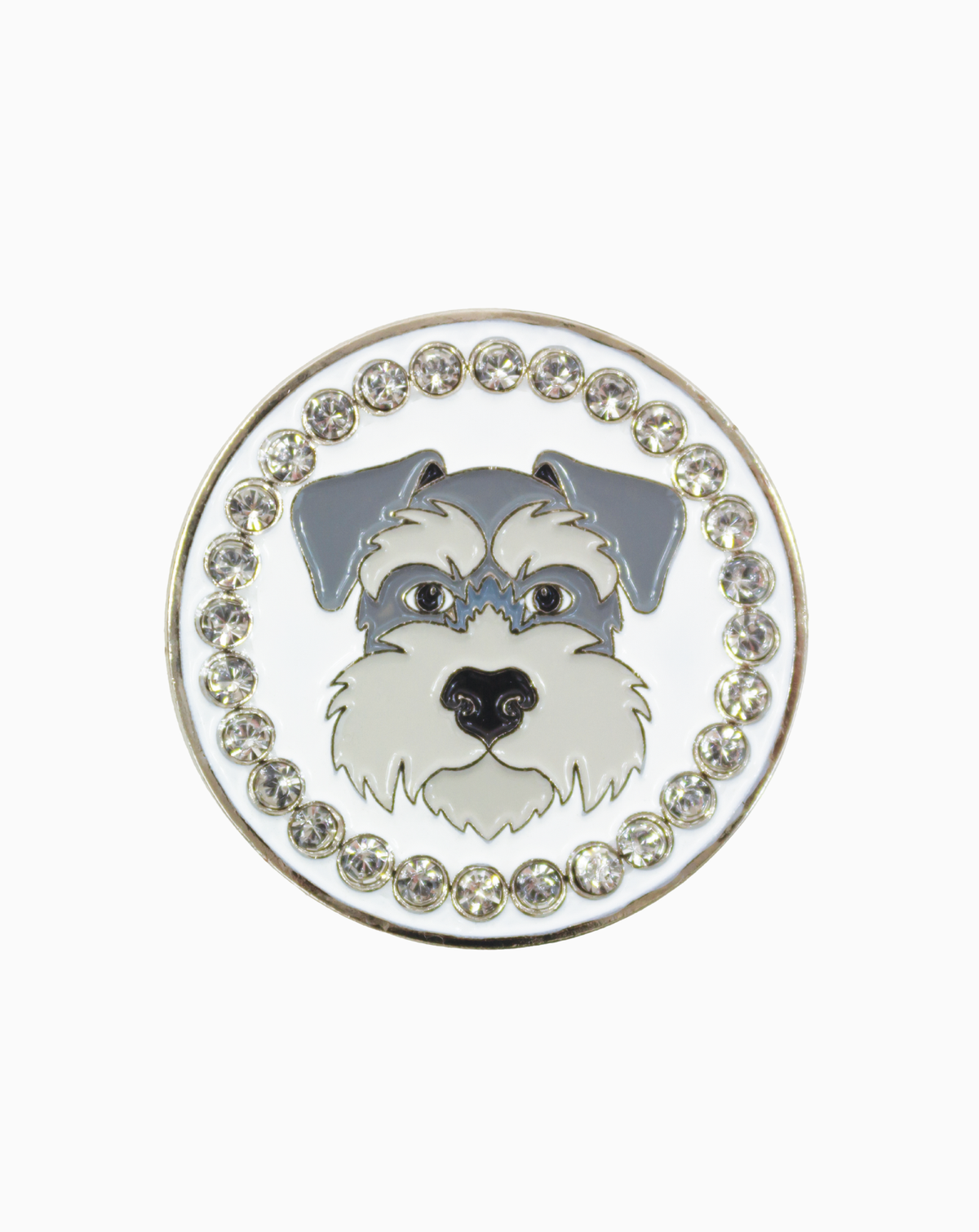 A round MXM ball marker featuring a grey and white dog face design surrounded by a border of clear Swarovski crystals on a white background.