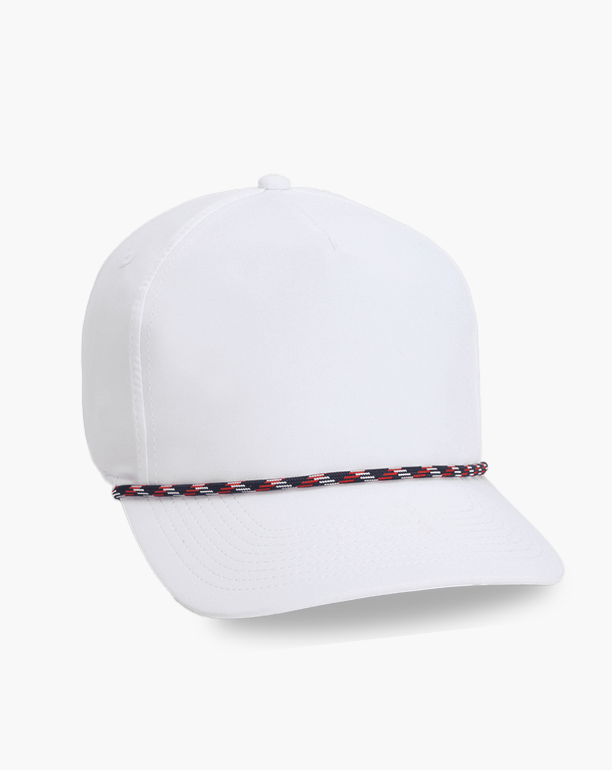 White Imperial Wrightson Rope Cap featuring a red, black and white braided rope detail across the brim, photographed in a clean studio setting.