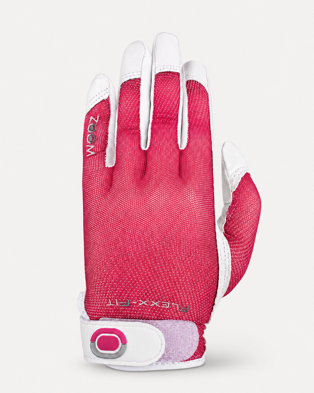 Red and white women's golf glove with white accents on a light gray background
