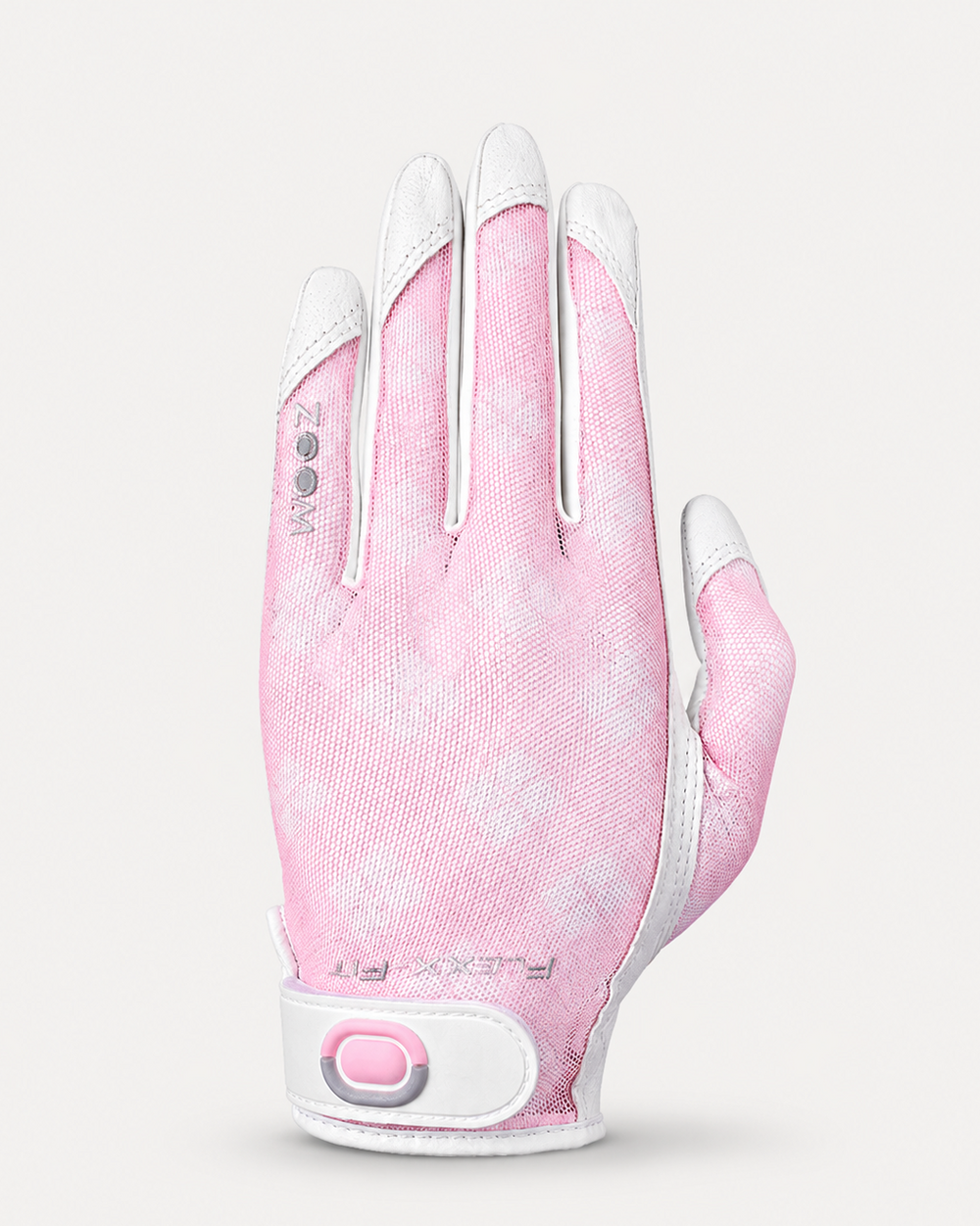 Pink golf glove with white accents on a light gray background